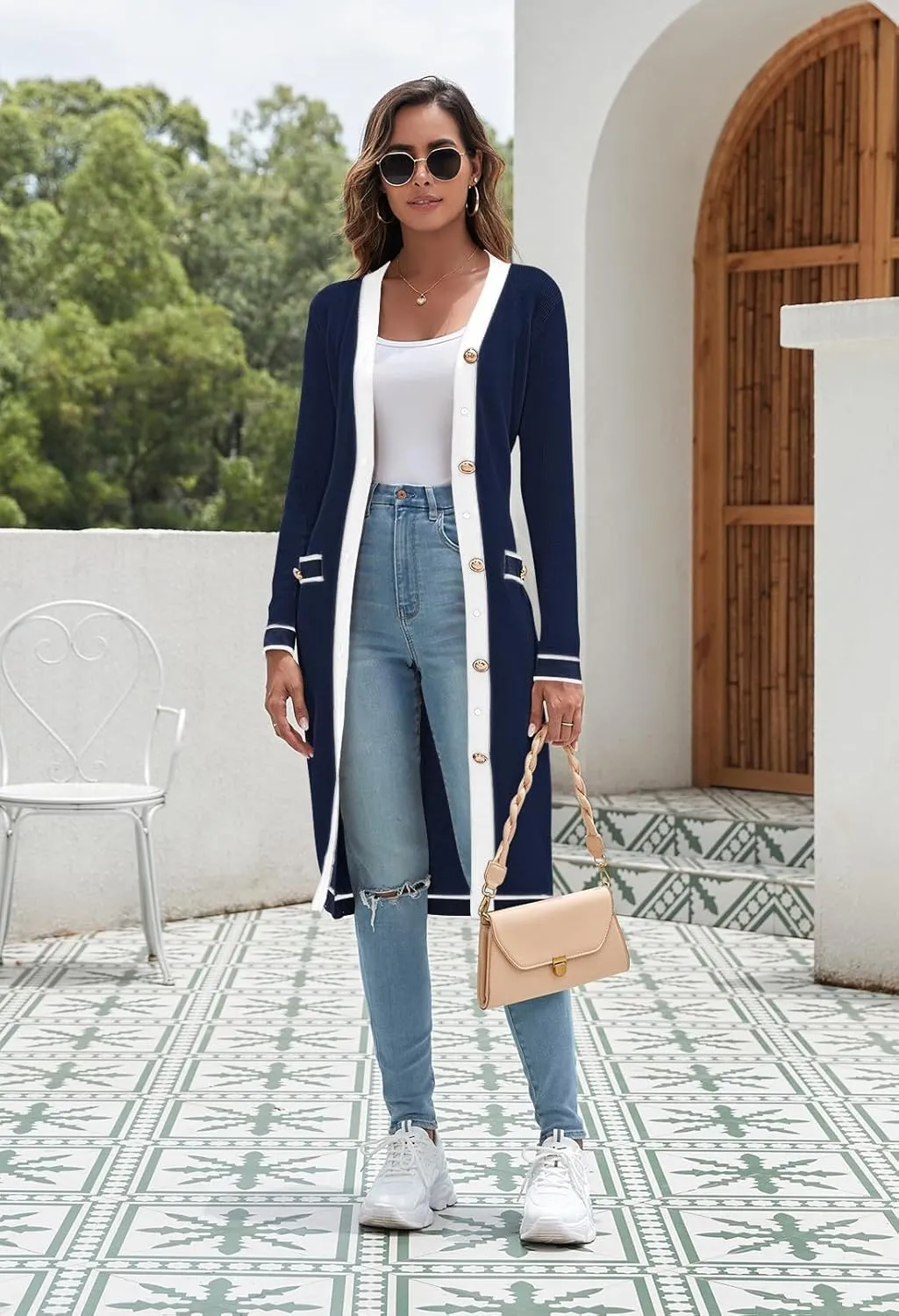 Pink Queen Long Cardigan for Women Long Sleeve Open Front Button V Neck Ribbed Knit Cardigans Sweaters Dress with Belt