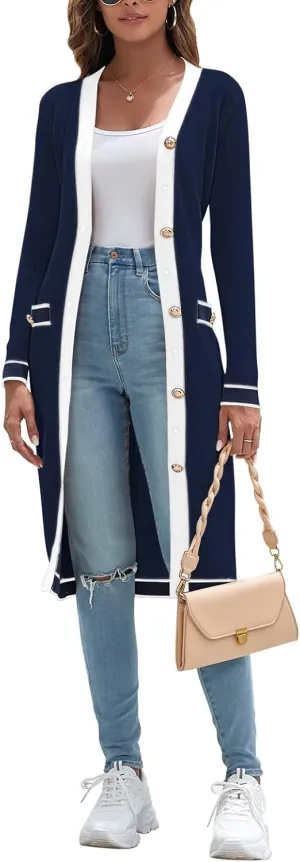 Pink Queen Long Cardigan for Women Long Sleeve Open Front Button V Neck Ribbed Knit Cardigans Sweaters Dress with Belt