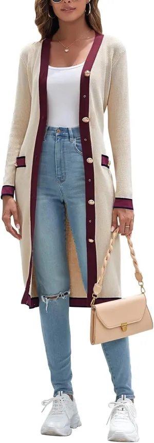 Pink Queen Long Cardigan for Women Long Sleeve Open Front Button V Neck Ribbed Knit Cardigans Sweaters Dress with Belt