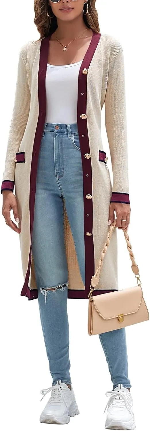 Pink Queen Long Cardigan for Women Long Sleeve Open Front Button V Neck Ribbed Knit Cardigans Sweaters Dress with Belt