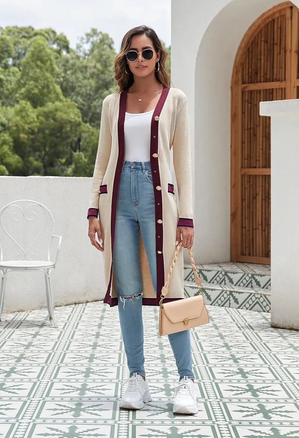 Pink Queen Long Cardigan for Women Long Sleeve Open Front Button V Neck Ribbed Knit Cardigans Sweaters Dress with Belt
