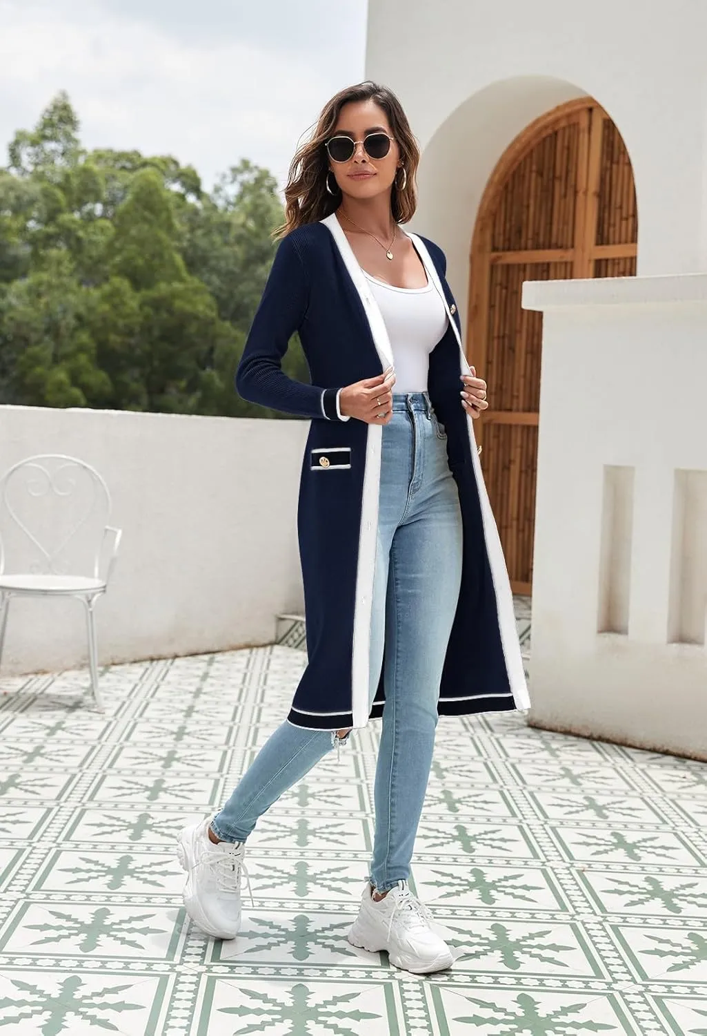 Pink Queen Long Cardigan for Women Long Sleeve Open Front Button V Neck Ribbed Knit Cardigans Sweaters Dress with Belt