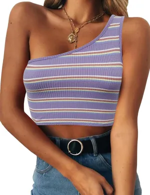 PRETTODAY Women's Sleeveless Crop Tops Sexy One Shoulder Strappy Tees Basic Crop Tank Top