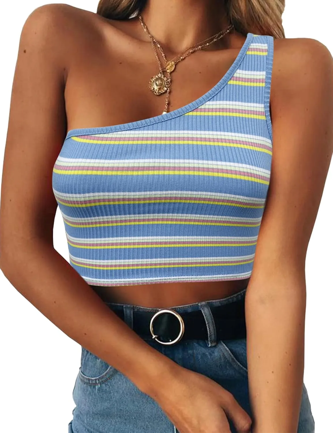 PRETTODAY Women's Sleeveless Crop Tops Sexy One Shoulder Strappy Tees Basic Crop Tank Top