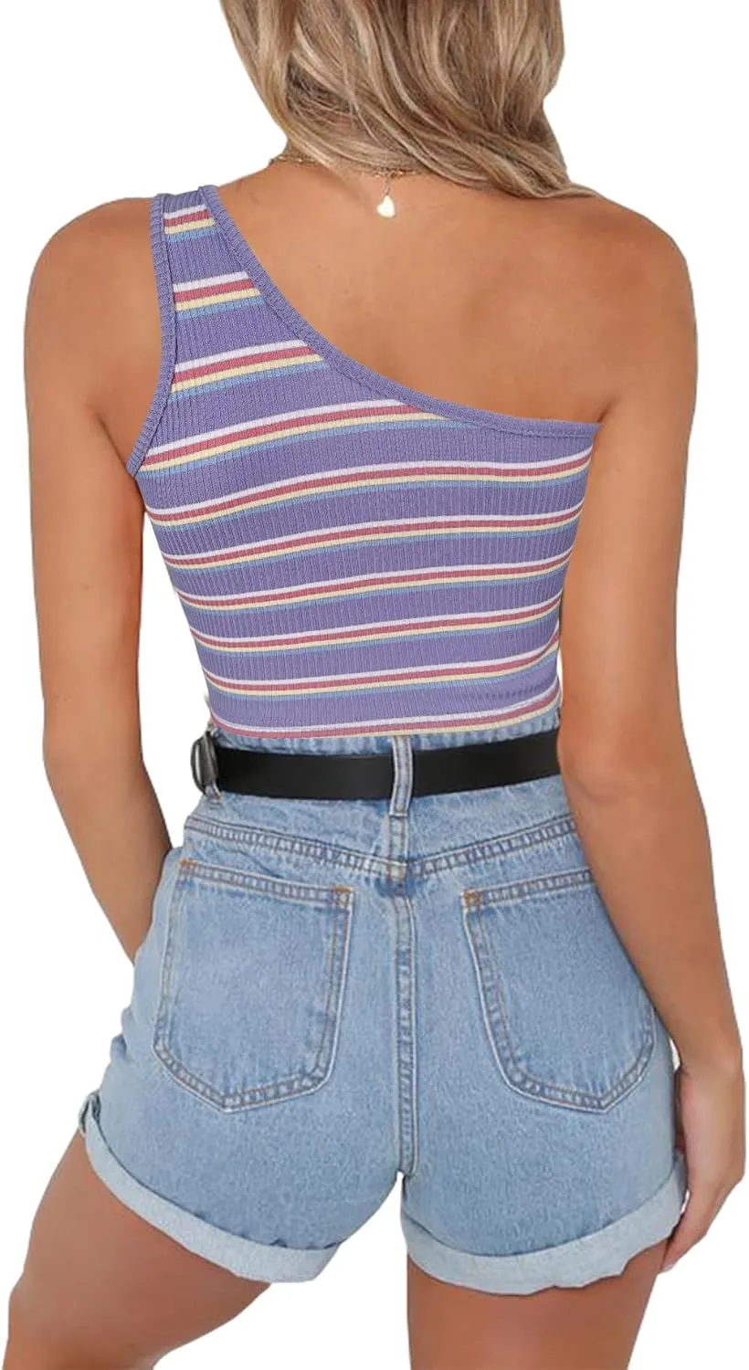 PRETTODAY Women's Sleeveless Crop Tops Sexy One Shoulder Strappy Tees Basic Crop Tank Top
