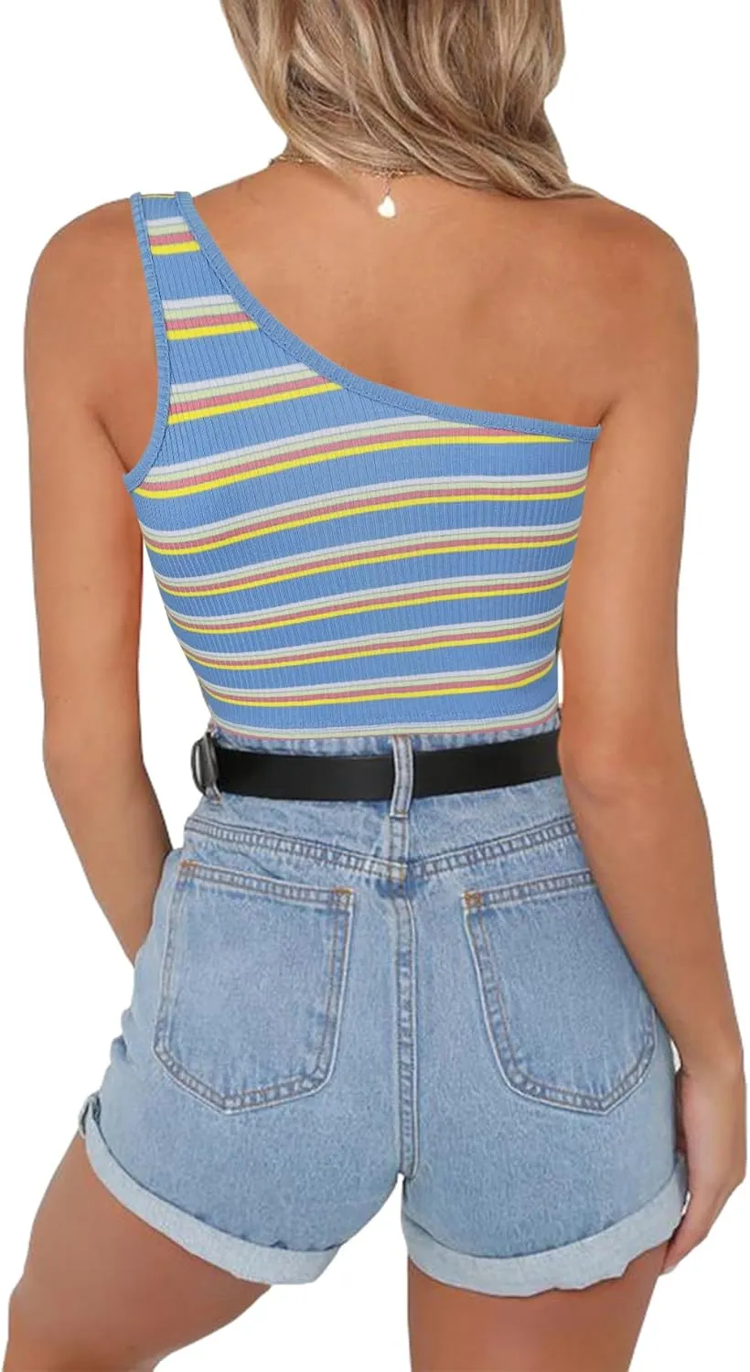 PRETTODAY Women's Sleeveless Crop Tops Sexy One Shoulder Strappy Tees Basic Crop Tank Top