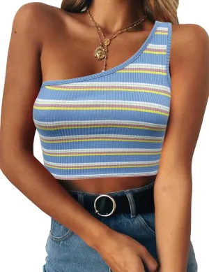 PRETTODAY Women's Sleeveless Crop Tops Sexy One Shoulder Strappy Tees Basic Crop Tank Top