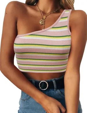 PRETTODAY Women's Sleeveless Crop Tops Sexy One Shoulder Strappy Tees Basic Crop Tank Top