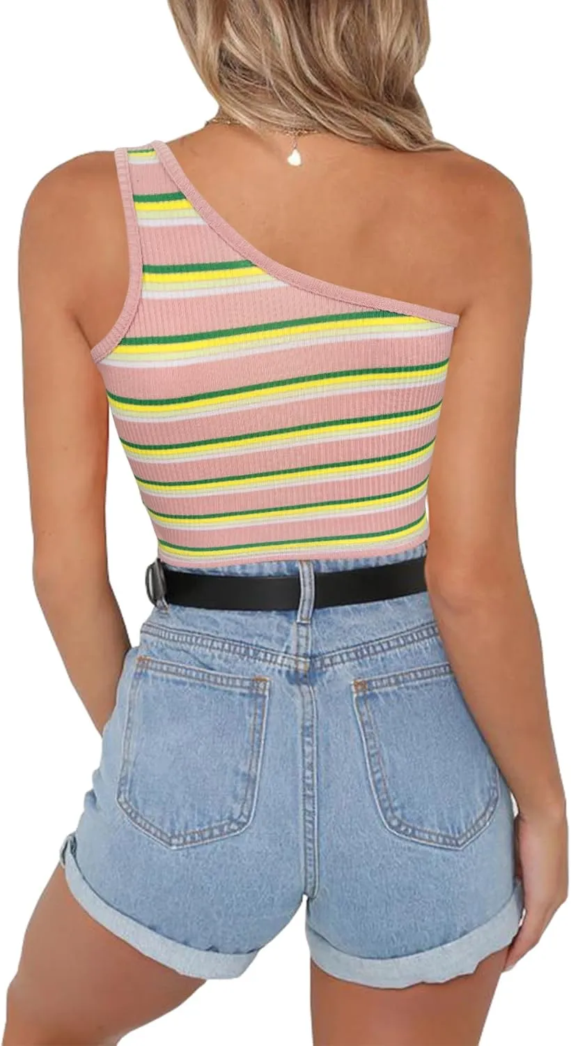 PRETTODAY Women's Sleeveless Crop Tops Sexy One Shoulder Strappy Tees Basic Crop Tank Top