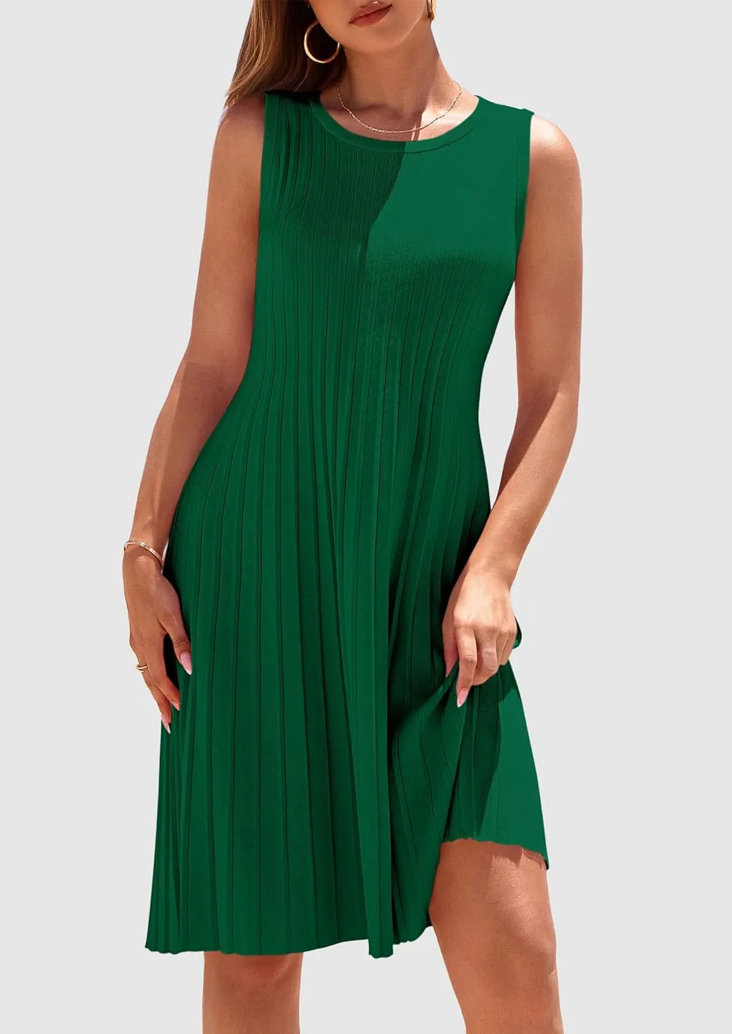 PRETTYGARDEN Womens 2025 Summer Sleeveless Mini Dress Crewneck Loose Tank A Line Pleated Swing Flowy Party Dresses