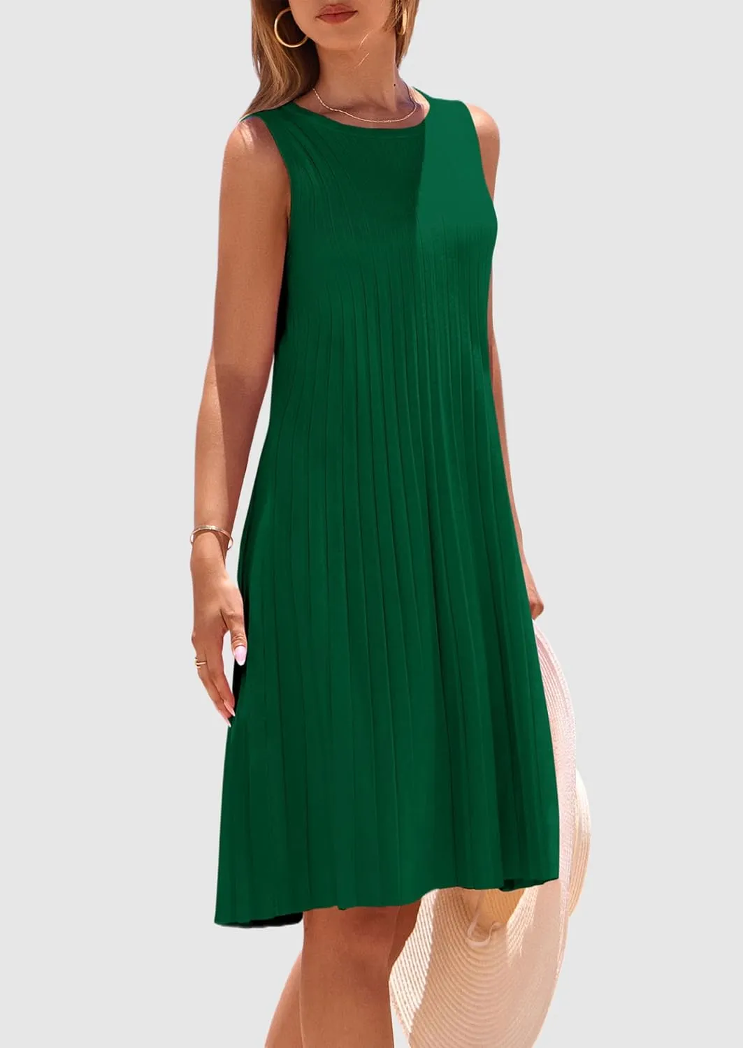 PRETTYGARDEN Womens 2025 Summer Sleeveless Mini Dress Crewneck Loose Tank A Line Pleated Swing Flowy Party Dresses