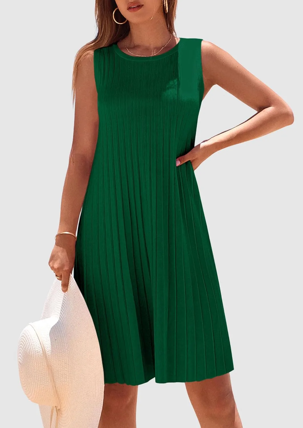 PRETTYGARDEN Womens 2025 Summer Sleeveless Mini Dress Crewneck Loose Tank A Line Pleated Swing Flowy Party Dresses