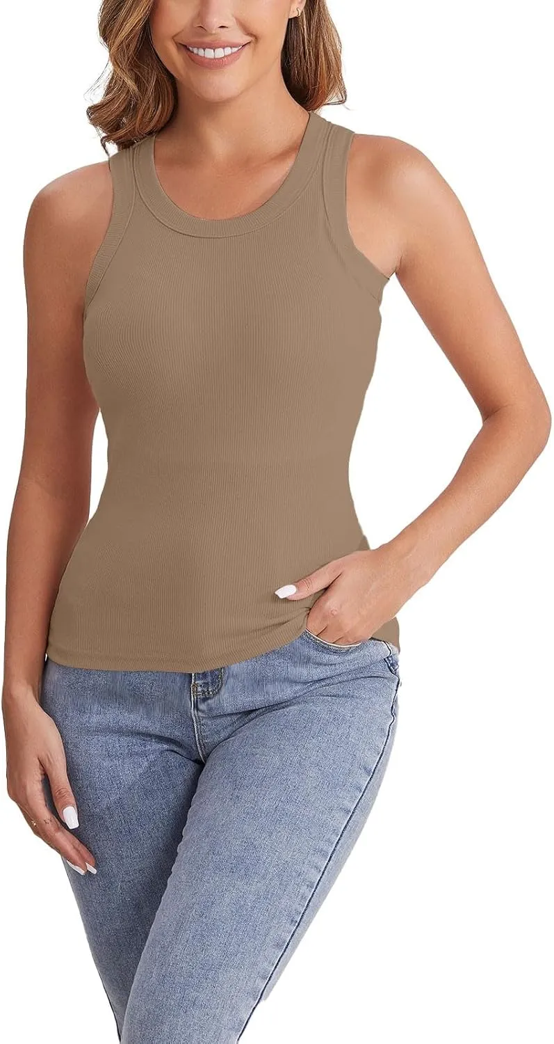 Ribbed Tank Tops for Women with Built in Bra Casual Crew Neck Sleeveless Shirts Basic Workout Camisole Tees