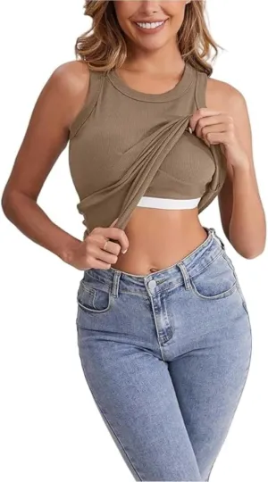 Ribbed Tank Tops for Women with Built in Bra Casual Crew Neck Sleeveless Shirts Basic Workout Camisole Tees