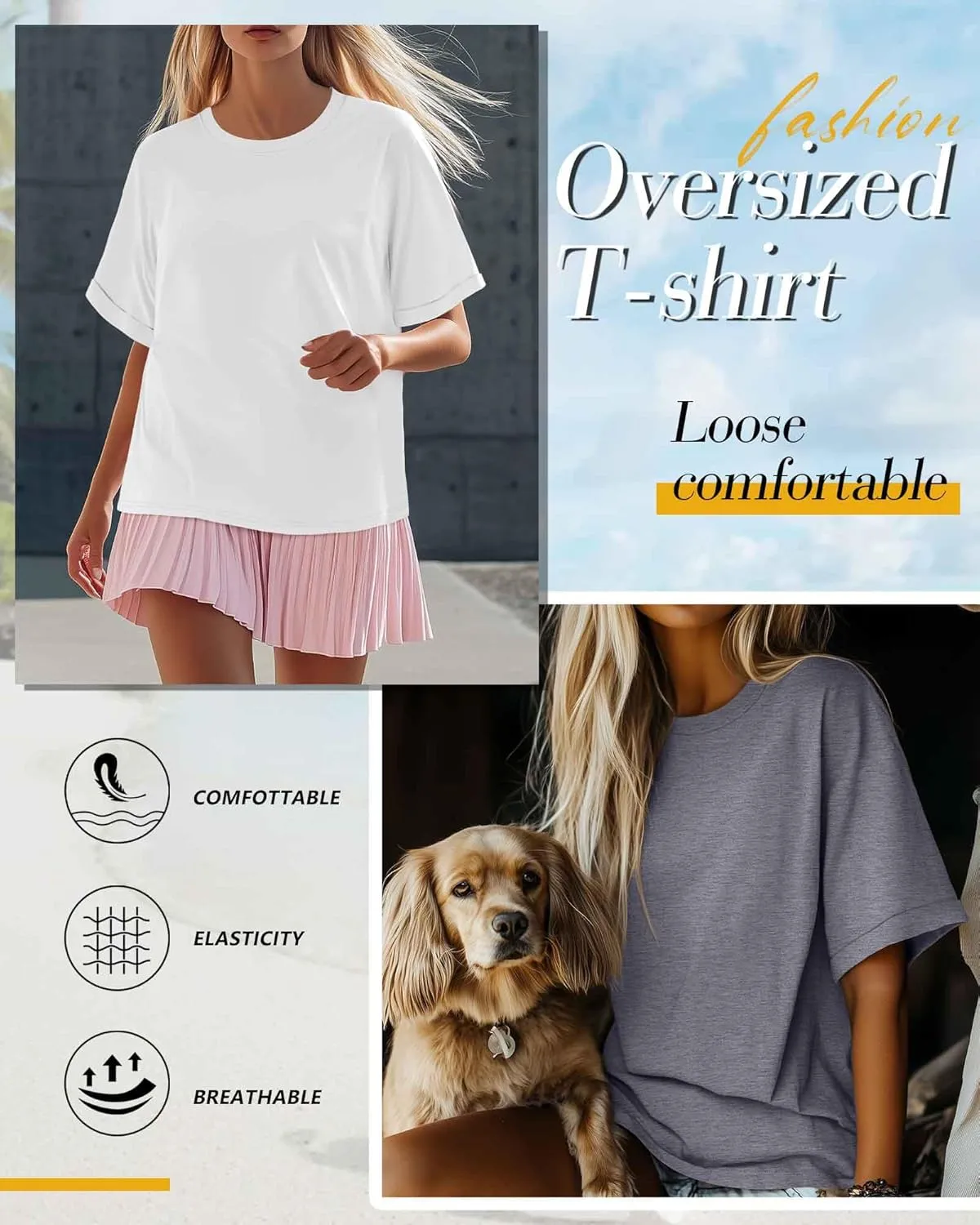 Riyiper 3 Pack Women's Oversized T Shirt Cotton Half Sleeve Summer Tees Casual Loose Fit Crew Neck Basic Tops