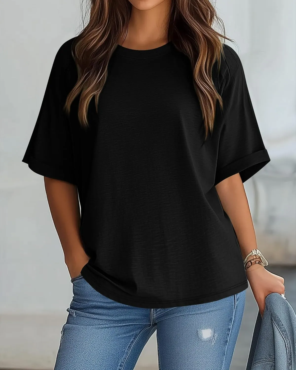 Riyiper 3 Pack Women's Oversized T Shirt Cotton Half Sleeve Summer Tees Casual Loose Fit Crew Neck Basic Tops