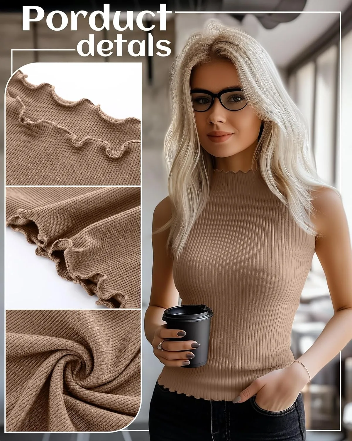Riyiper 3 Pack Women's Sleeveless Mock Turtlenecks Shirts Lettuce Trim Ribbed Knit Slim Summer Casual Tank Tops Basic Tees