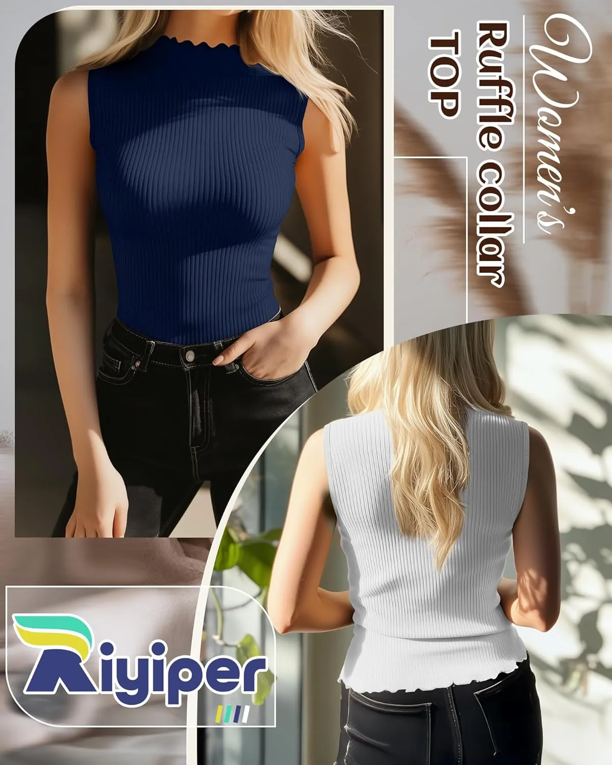 Riyiper 3 Pack Women's Sleeveless Mock Turtlenecks Shirts Lettuce Trim Ribbed Knit Slim Summer Casual Tank Tops Basic Tees