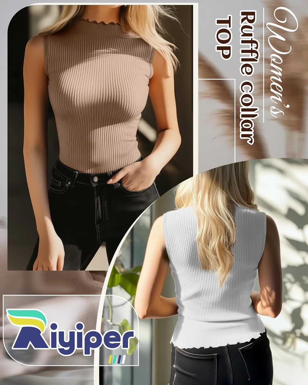 Riyiper 3 Pack Women's Sleeveless Mock Turtlenecks Shirts Lettuce Trim Ribbed Knit Slim Summer Casual Tank Tops Basic Tees