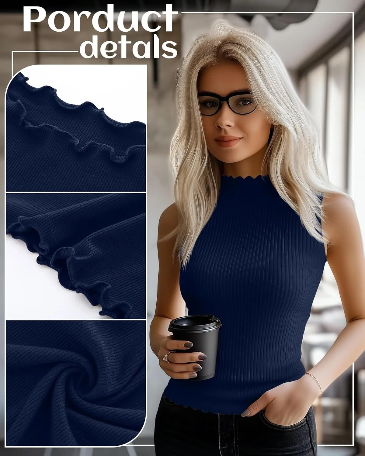 Riyiper 3 Pack Women's Sleeveless Mock Turtlenecks Shirts Lettuce Trim Ribbed Knit Slim Summer Casual Tank Tops Basic Tees