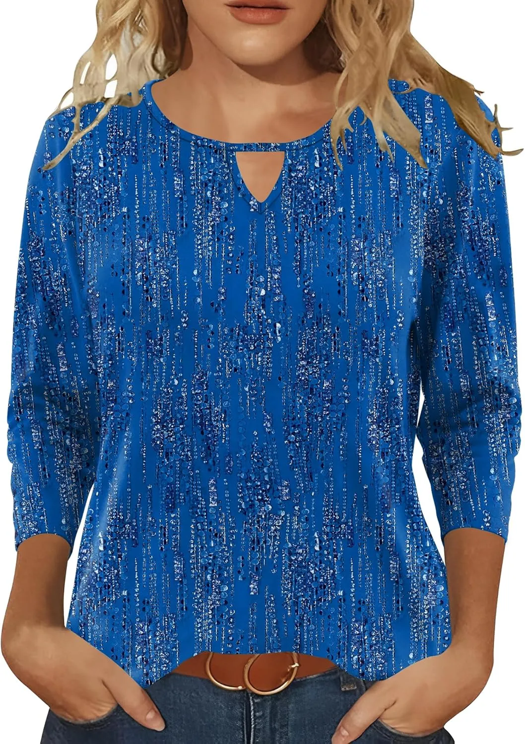 Romanstii 3/4 Length Sleeve Womens Tops Keyhole Crewneck Shirts Business Dressy Casual Tunic Blouses Summer Basic Tees