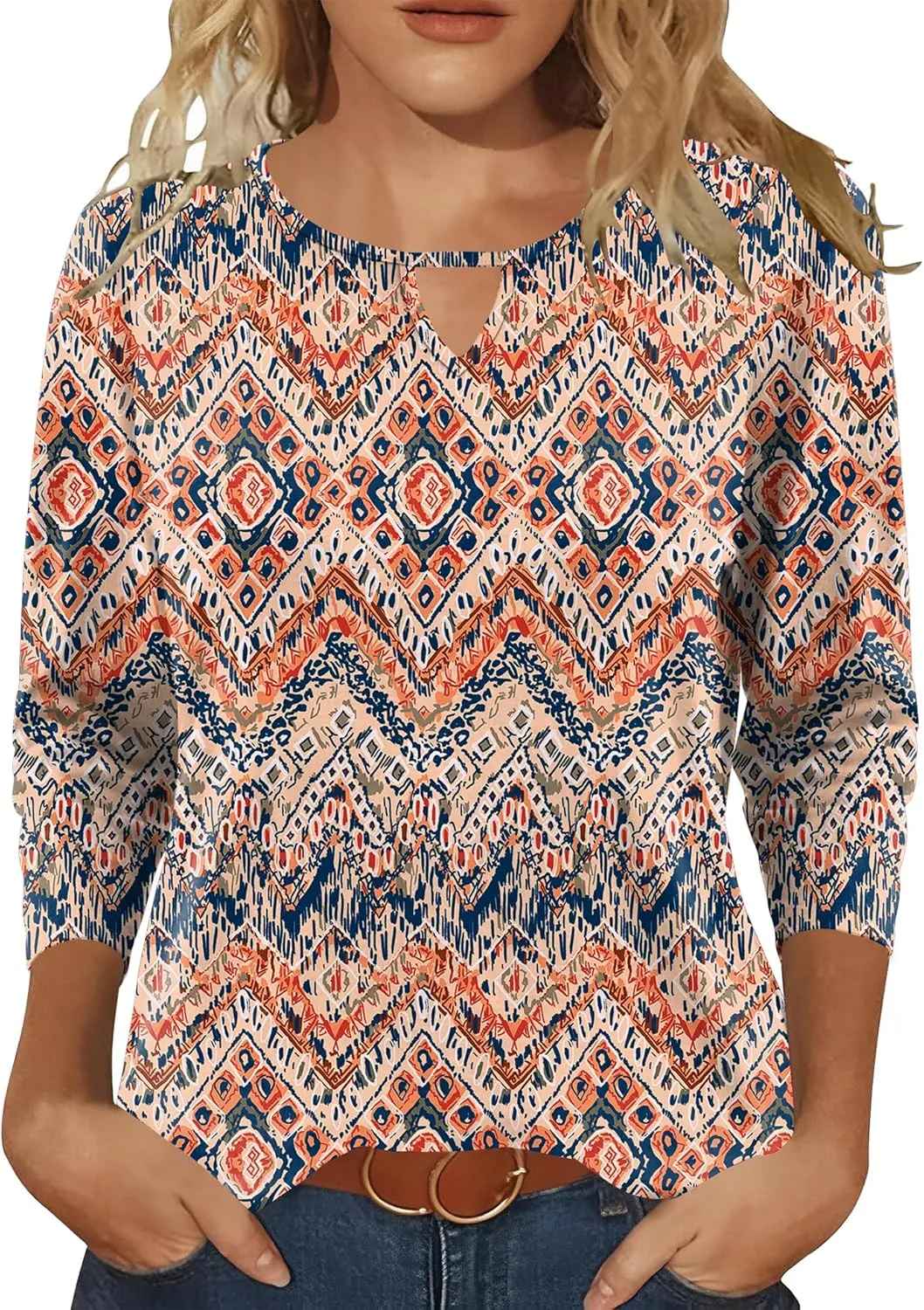 Romanstii 3/4 Length Sleeve Womens Tops Keyhole Crewneck Shirts Business Dressy Casual Tunic Blouses Summer Basic Tees