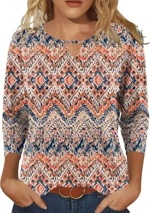 Romanstii 3/4 Length Sleeve Womens Tops Keyhole Crewneck Shirts Business Dressy Casual Tunic Blouses Summer Basic Tees