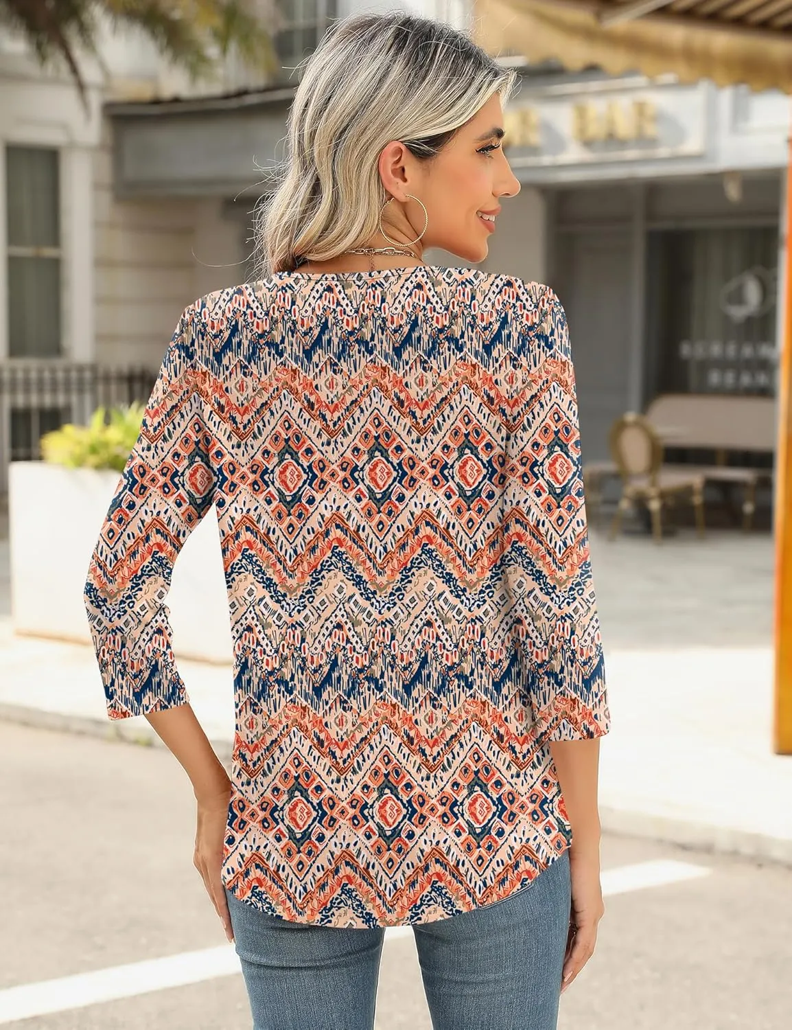 Romanstii 3/4 Length Sleeve Womens Tops Keyhole Crewneck Shirts Business Dressy Casual Tunic Blouses Summer Basic Tees