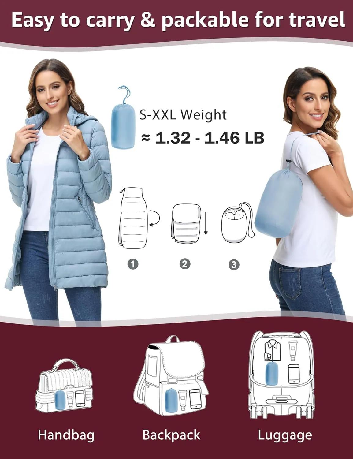 ROYAL MATRIX Women's Packable Puffer Jacket Lightweight Puffer Coat with Hood Long Winter Warm Travel Puffer Jackets