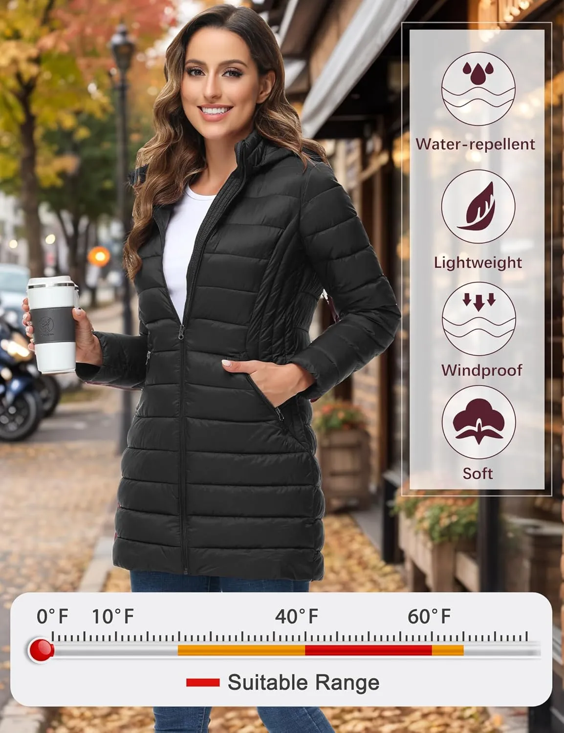 ROYAL MATRIX Women's Packable Puffer Jacket Lightweight Puffer Coat with Hood Long Winter Warm Travel Puffer Jackets