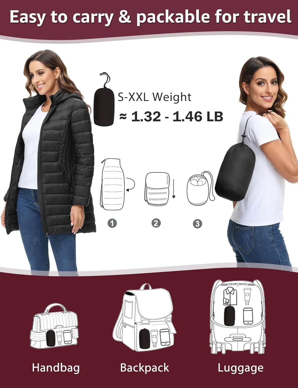 ROYAL MATRIX Women's Packable Puffer Jacket Lightweight Puffer Coat with Hood Long Winter Warm Travel Puffer Jackets