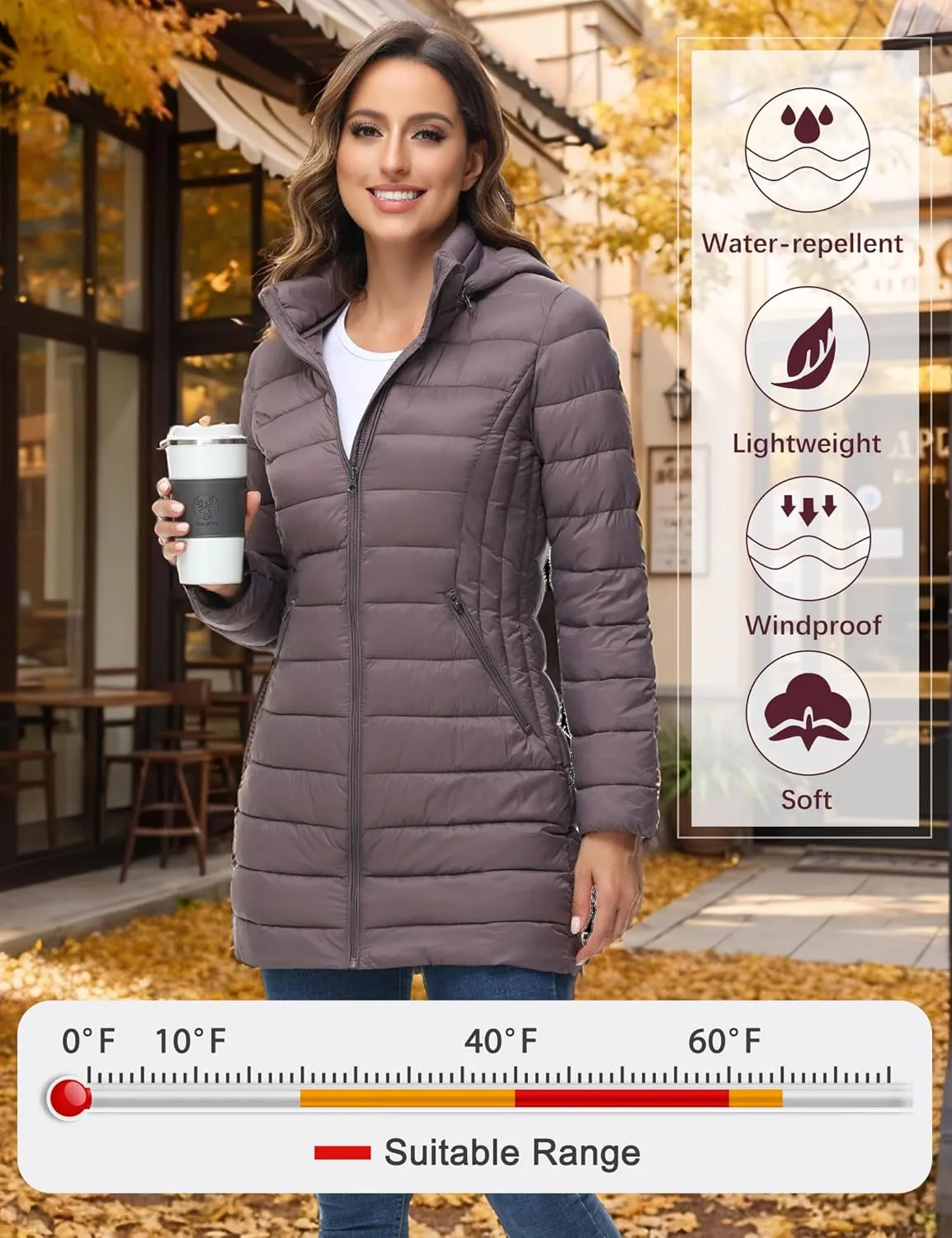 ROYAL MATRIX Women's Packable Puffer Jacket Lightweight Puffer Coat with Hood Long Winter Warm Travel Puffer Jackets