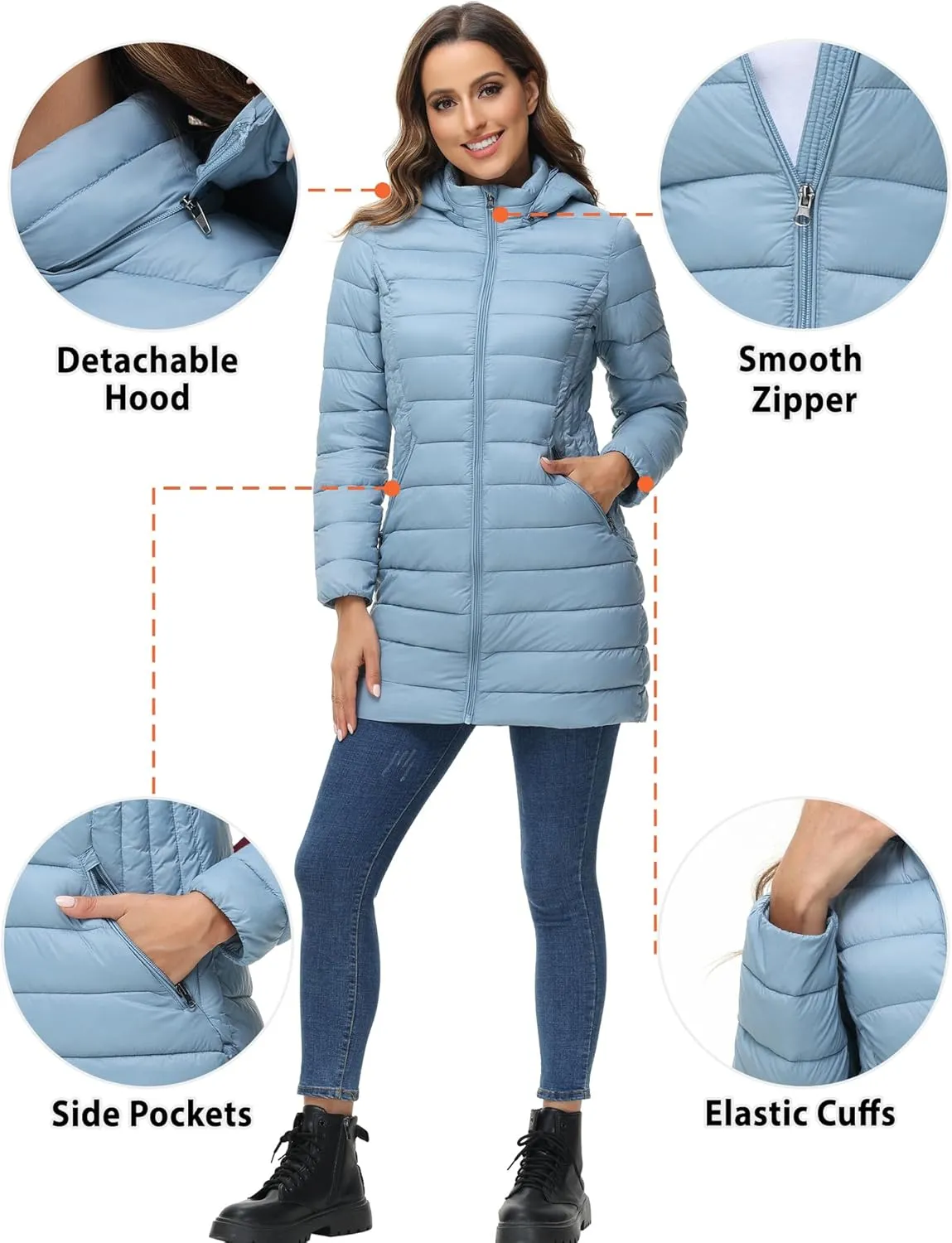 ROYAL MATRIX Women's Packable Puffer Jacket Lightweight Puffer Coat with Hood Long Winter Warm Travel Puffer Jackets