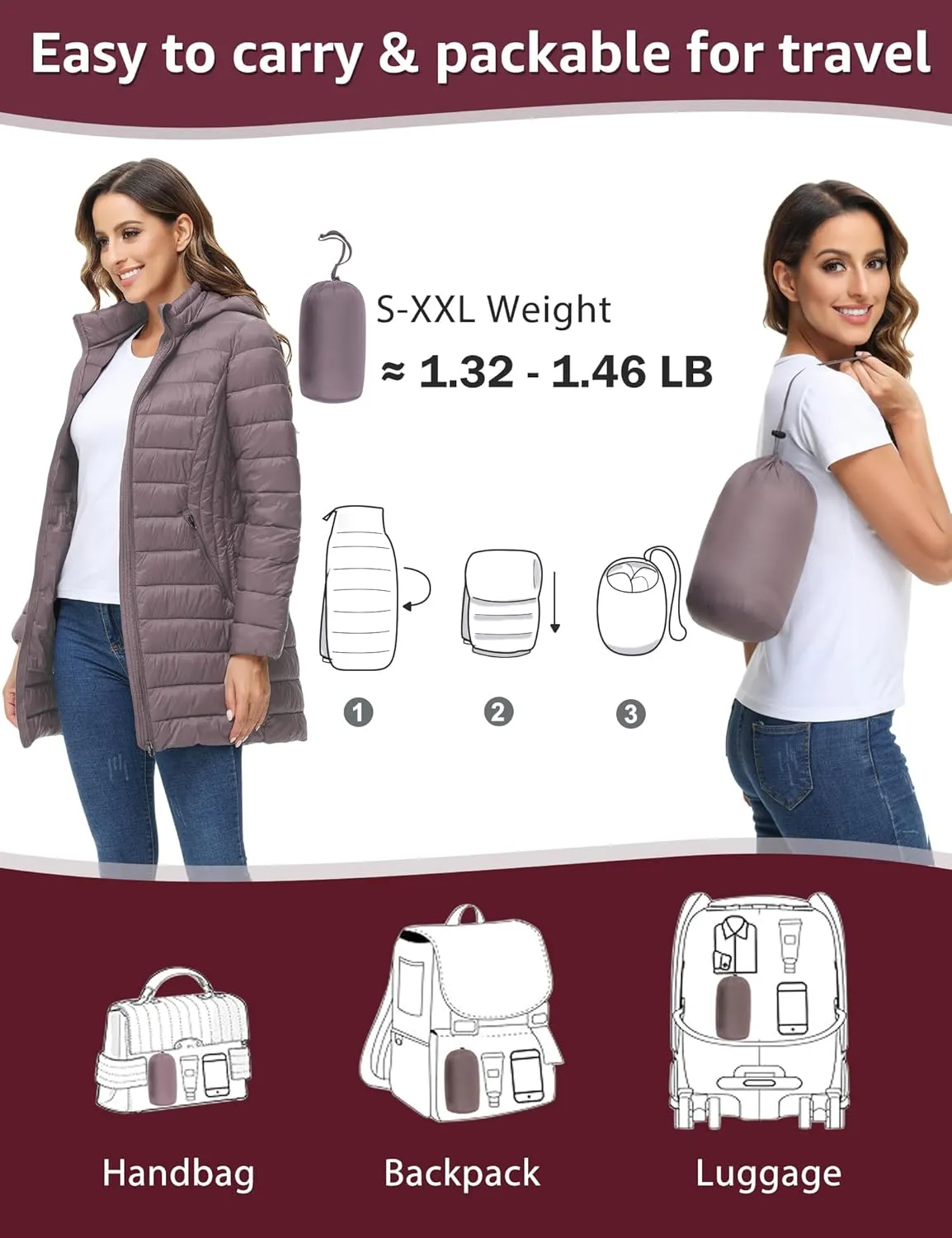 ROYAL MATRIX Women's Packable Puffer Jacket Lightweight Puffer Coat with Hood Long Winter Warm Travel Puffer Jackets