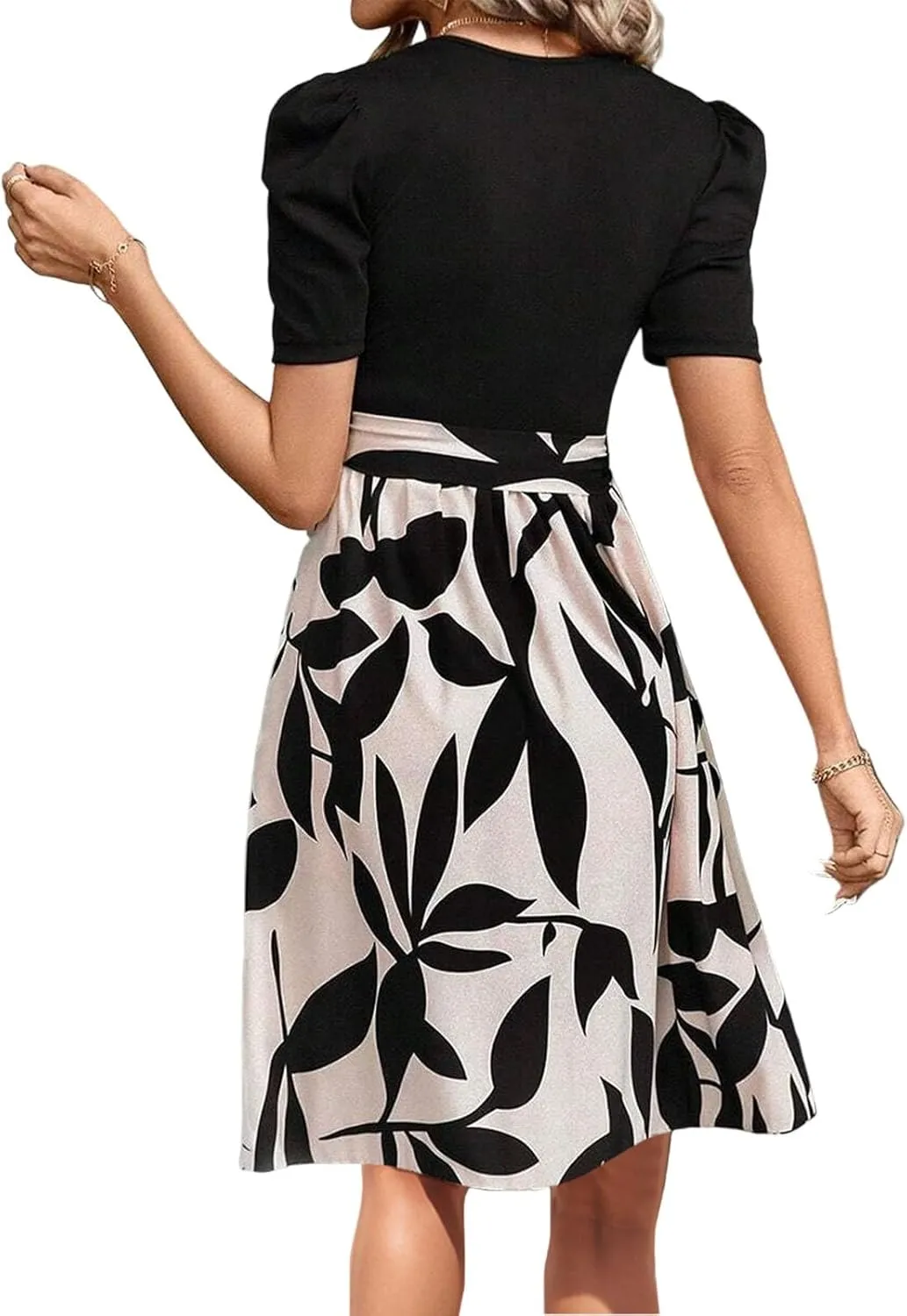 Summer Dresses for Women 2025 Patchwork Short Sleeve Tie Waist Dress Floral Garden Party Flowy Beach Mini Sundress