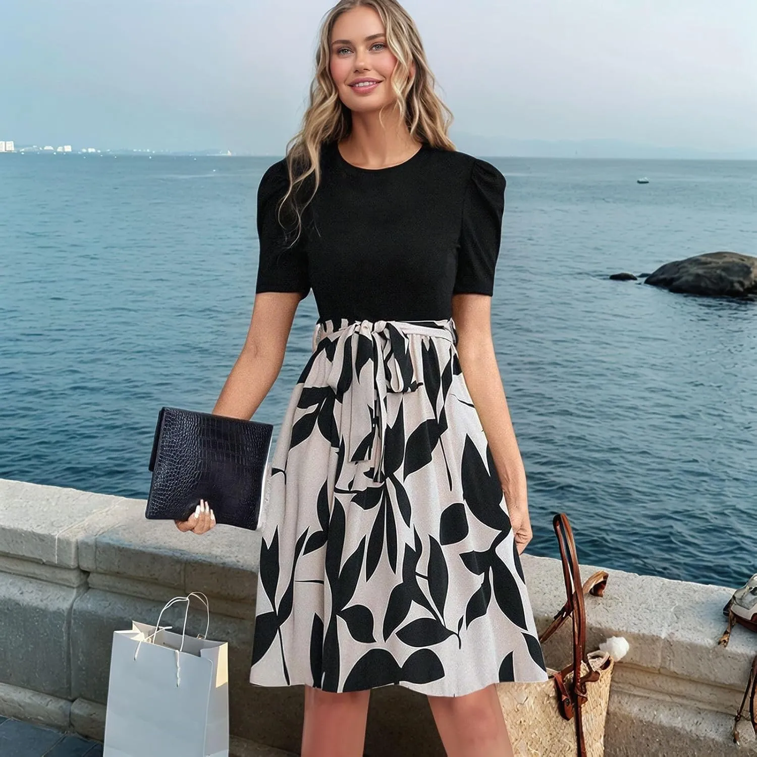 Summer Dresses for Women 2025 Patchwork Short Sleeve Tie Waist Dress Floral Garden Party Flowy Beach Mini Sundress