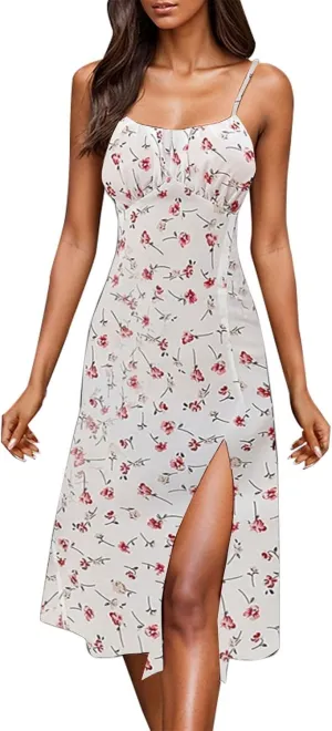 Summer Dresses for Women 2025 Trendy Spaghetti Strap Polka Dot Midi Dress Sexy Sleeveless Slit Beach Boho Sundresses