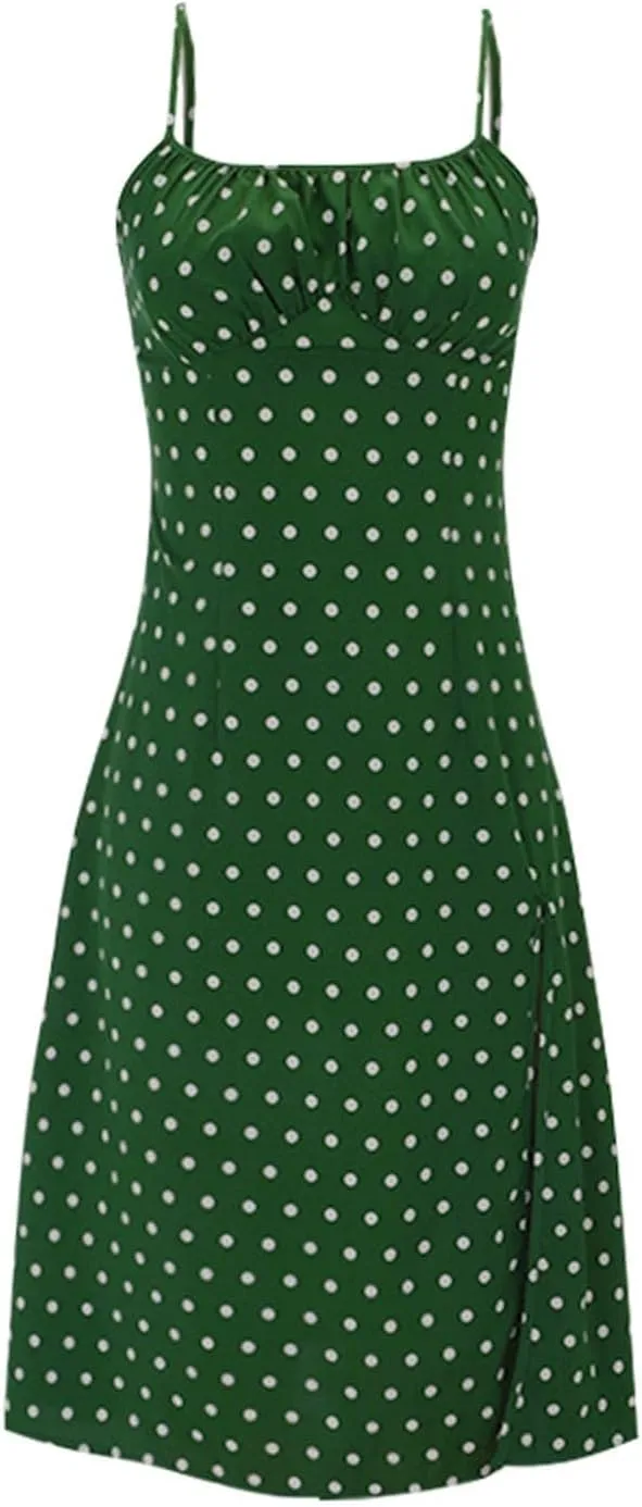 Summer Dresses for Women 2025 Trendy Spaghetti Strap Polka Dot Midi Dress Sexy Sleeveless Slit Beach Boho Sundresses
