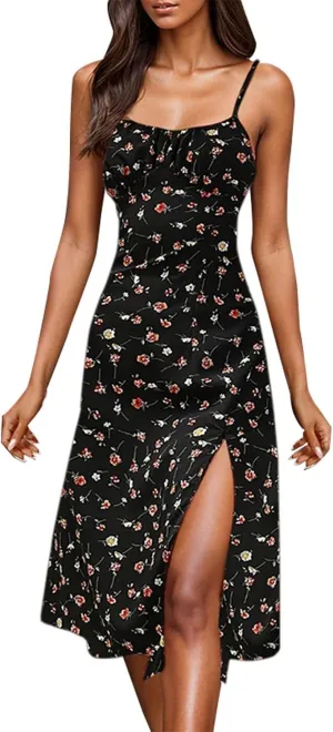 Summer Dresses for Women 2025 Trendy Spaghetti Strap Polka Dot Midi Dress Sexy Sleeveless Slit Beach Boho Sundresses