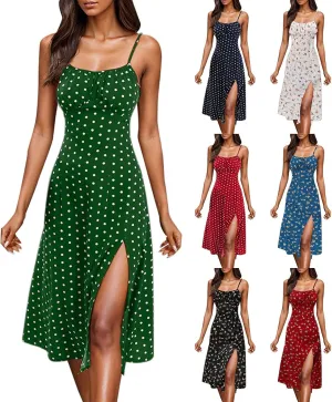 Summer Dresses for Women 2025 Trendy Spaghetti Strap Polka Dot Midi Dress Sexy Sleeveless Slit Beach Boho Sundresses