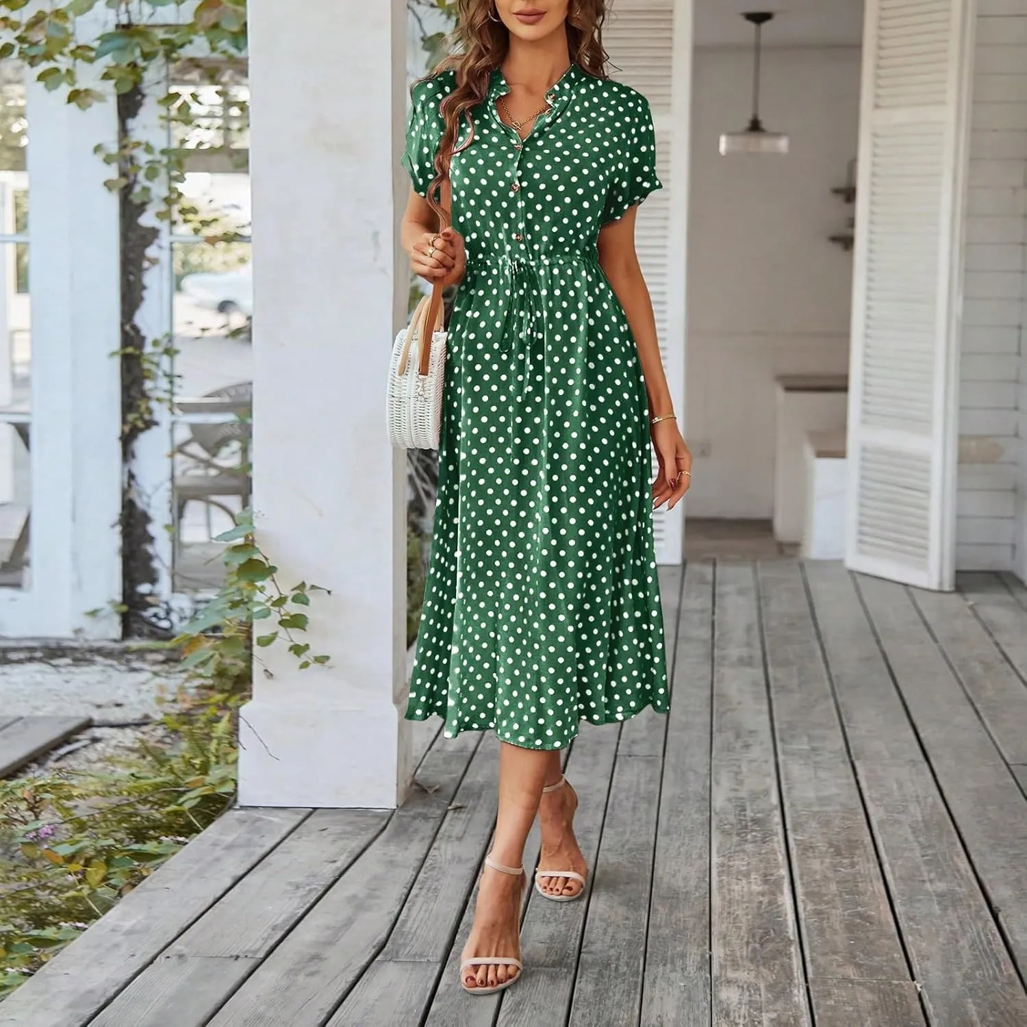 Summer Midi Dresses for Women 2025 Polka Dot Trendy Button Down V Neck Short Sleeve A Line Dresses Tie Empire Waist Frocks