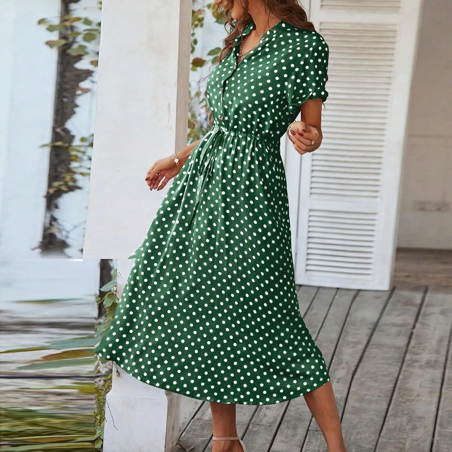 Summer Midi Dresses for Women 2025 Polka Dot Trendy Button Down V Neck Short Sleeve A Line Dresses Tie Empire Waist Frocks