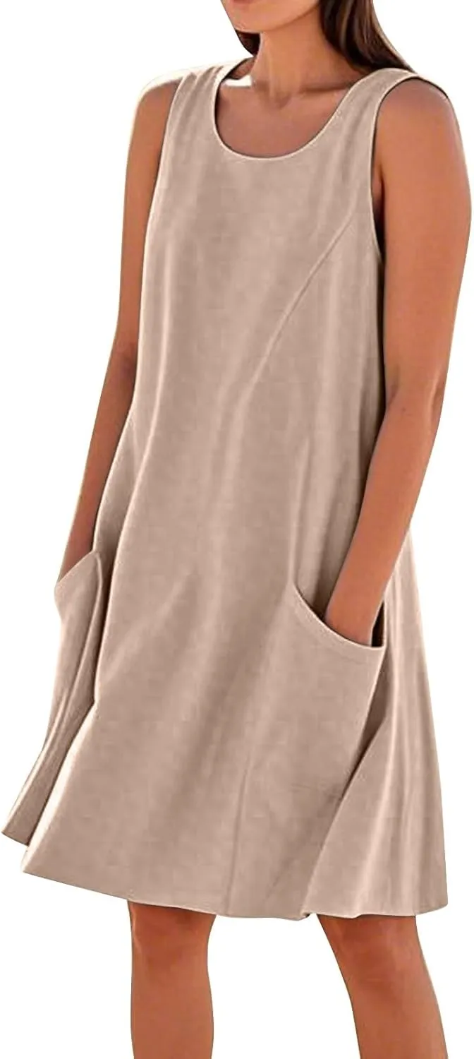 Tank Dresses for Women Trendy Sleeveless Boho Dress Flowy Mini Sundresses Casual Scoop Neck Summer Sundress with Pocket