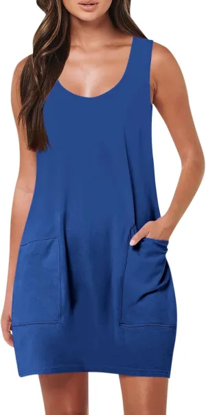 Tank Dresses for Women Trendy Sleeveless Vacation Mini Dress Casual Scoop Neck Beach Summer Sundress with Pocket