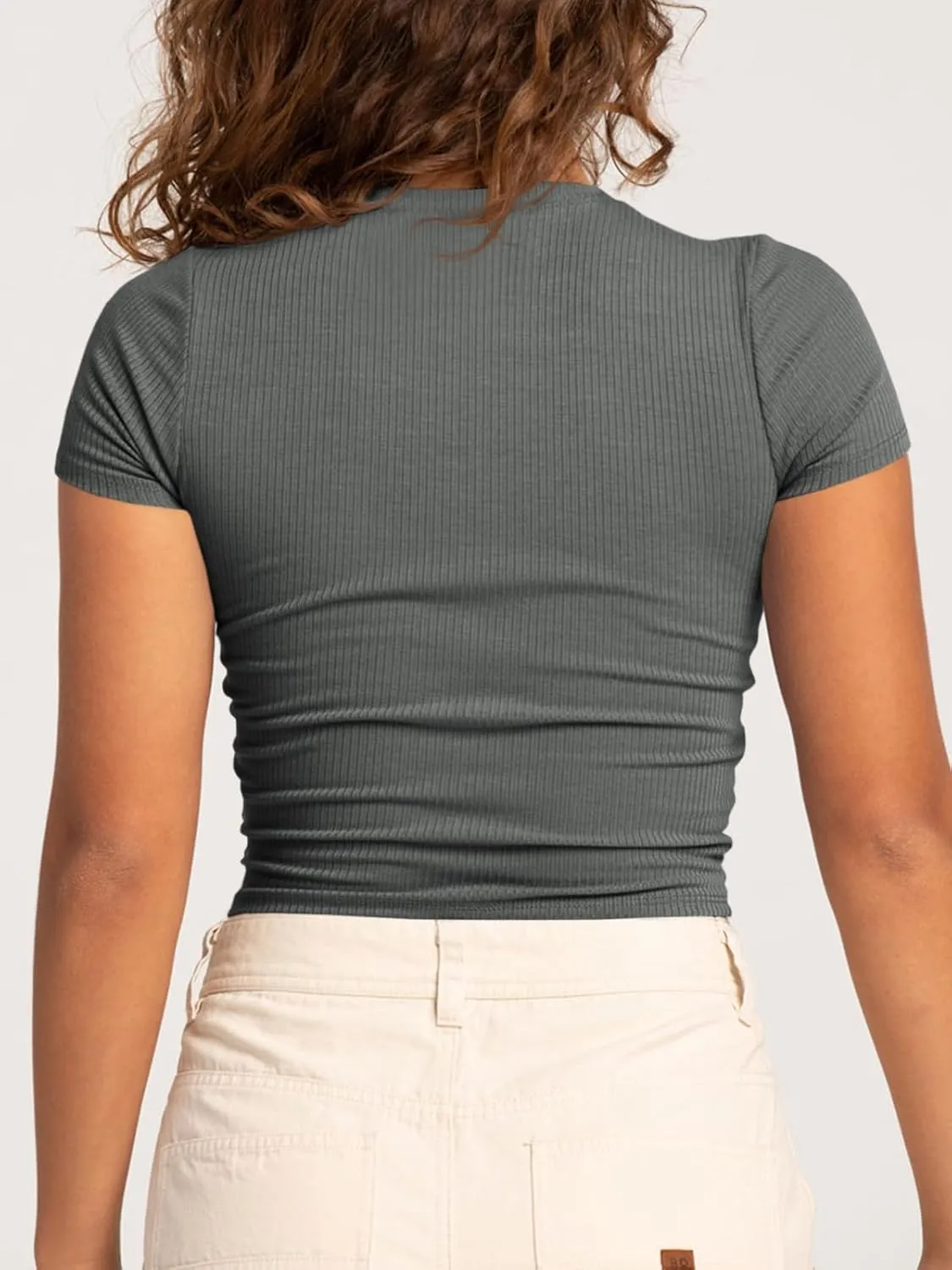Tankaneo Womens Crop Tops Ribbed V Neck Short Sleeve Summer Basic Tees Slim Fit Y2k Shirts