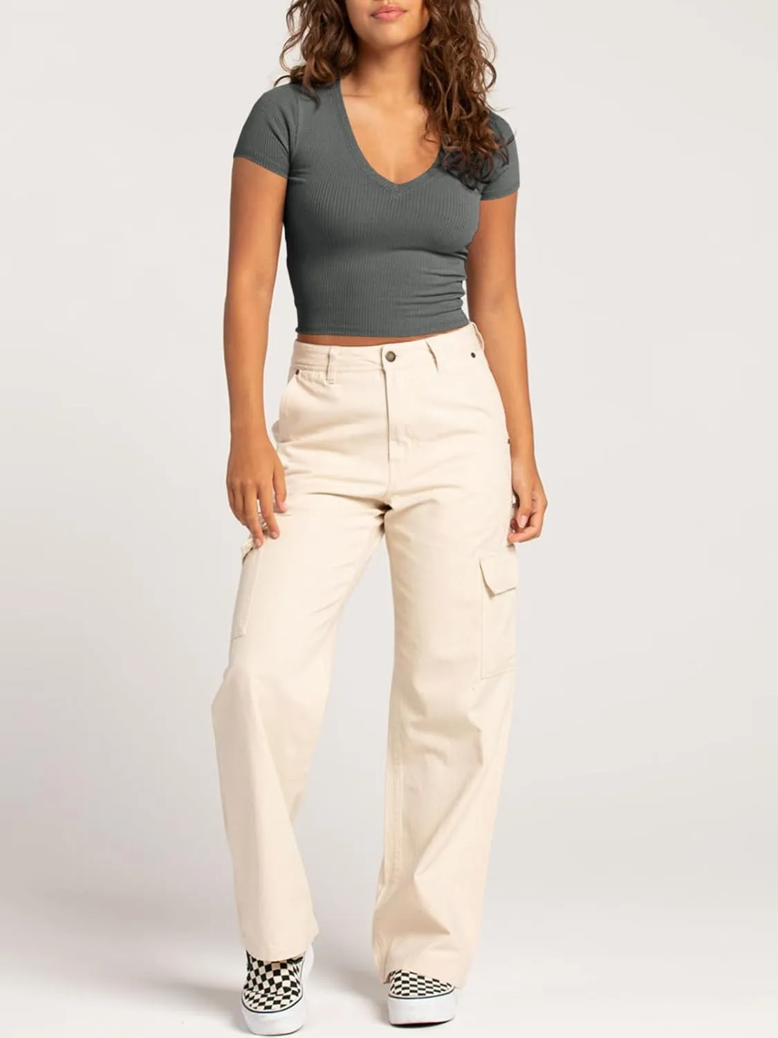 Tankaneo Womens Crop Tops Ribbed V Neck Short Sleeve Summer Basic Tees Slim Fit Y2k Shirts