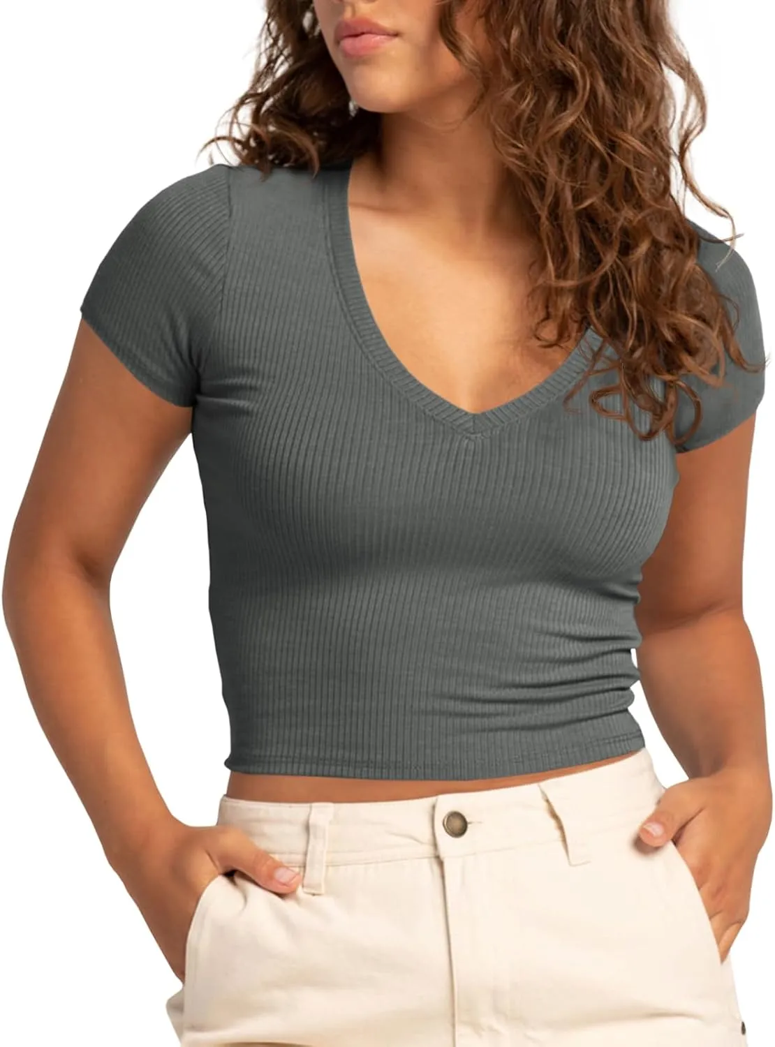 Tankaneo Womens Crop Tops Ribbed V Neck Short Sleeve Summer Basic Tees Slim Fit Y2k Shirts