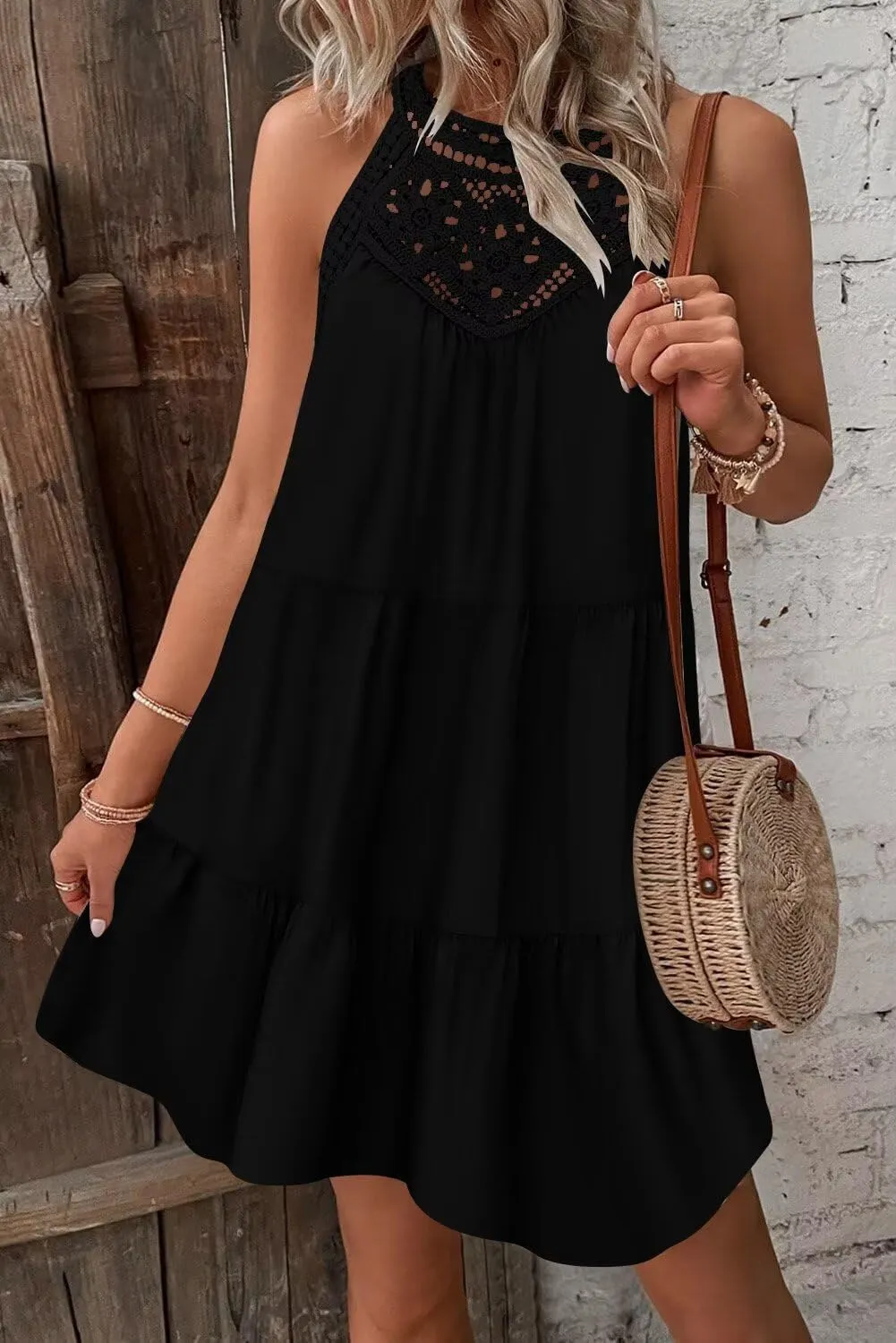 Wkior Womens Summer Dresses 2025 Casual Halter Sleeveless Flowy Mini Dress Tiered Pleated Beach Sundress