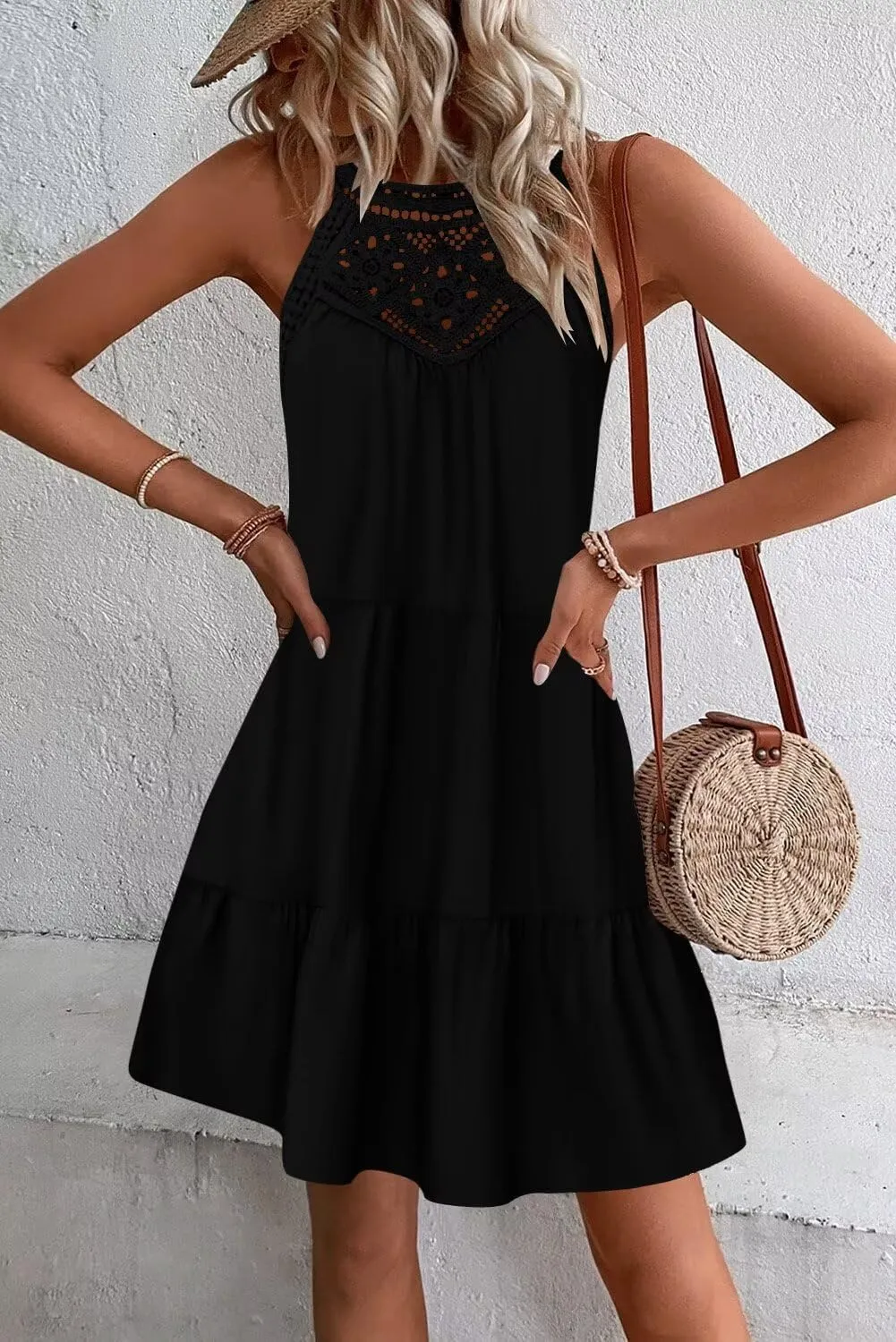 Wkior Womens Summer Dresses 2025 Casual Halter Sleeveless Flowy Mini Dress Tiered Pleated Beach Sundress