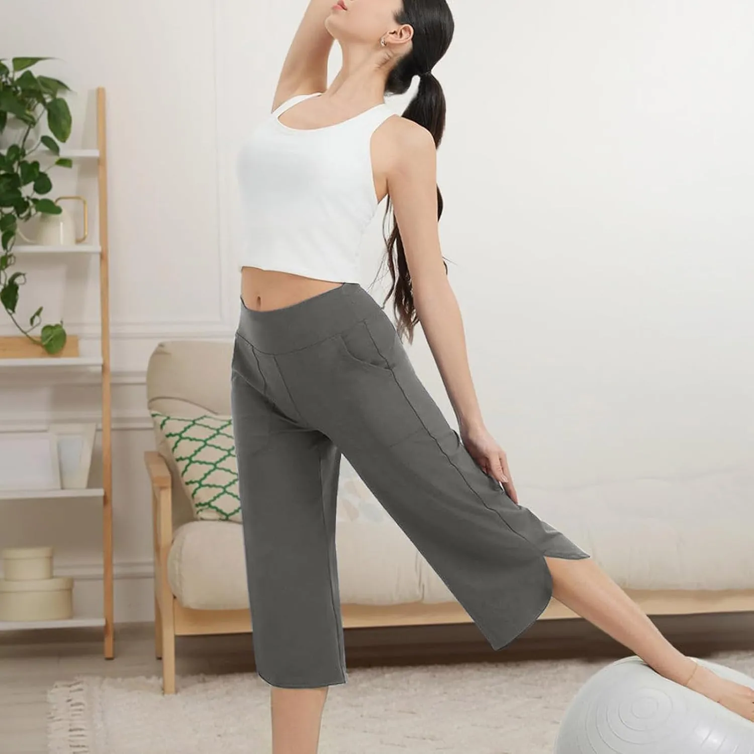 Women Curved Split Hem Capri Pant Summer Casual Loose Yoga Workout Pants Elastic High Waist Crop Trousers for Gym Running